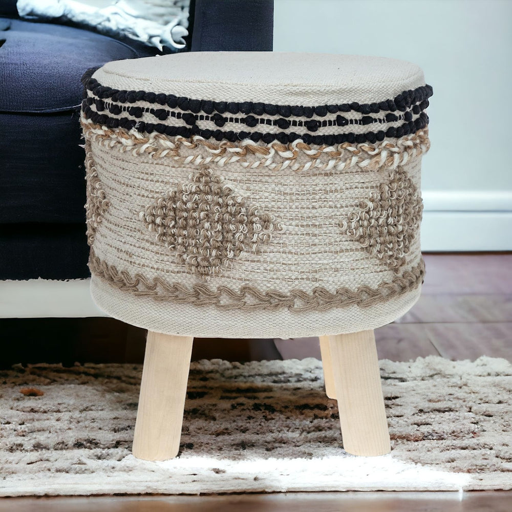 Homeroots 16" Beige Jute And Brown Round Abstract Ottoman   402695