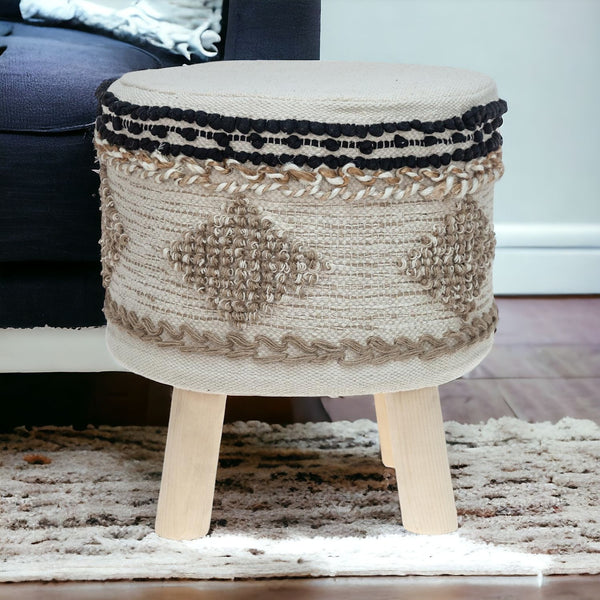 Homeroots 16" Beige Jute And Brown Round Abstract Ottoman   402695