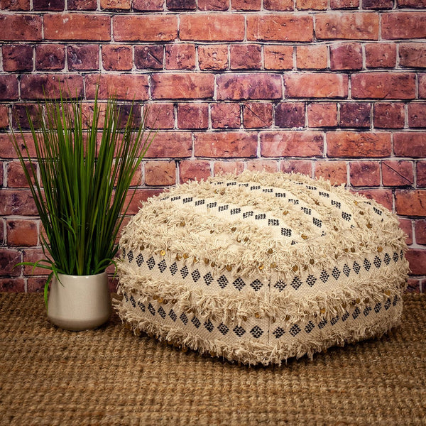 Homeroots 22" Beige Cotton Blend Abstract Pouf Ottoman   402696