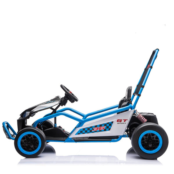 English Elm 24v Dual Motor Kids Go Kart with Drift Mode Roll Cage and Rear Suspension Ages 6 to 12 Blue W1578P454056