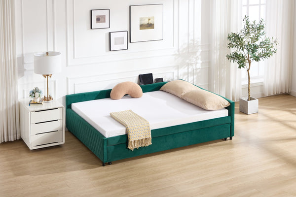 English Elm Upholstered Velvet Daybed with Pull Out Trundle Diamond Tufted Guest Bedroom Sofa Emerald W1361S00065