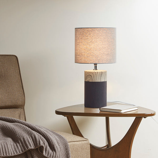 JLA Home 510 Design - Textured Ceramic Table Lamp with Two-Tone Wood-Grain Base and Drum Shade for Warm Ambient Glow 5DS153-0037