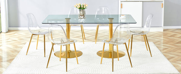 English Elm Table and Chair Set Tempered Glass Top with Acrylic Seats and Gold Leg Dining for Six W1151S04558