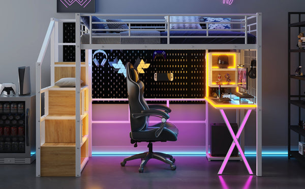 English Elm Twin Metal Loft Bed with Desk, Wardrobe & LED Lighting — Space-Saving Twin Loft with Storage Staircase GX000662AAK