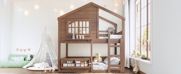 English Elm Full Bunk Bed with Trundle Bookshelf Storage Pine Frame Car Design for Kids Natural W1580S00522