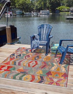 Unique Loom Outdoor Modern Tamarindo Machine Made Geometric Rug Multi, Burgundy/Gold/Gray/Green/Ivory/Red/Violet/Navy Blue/Light Blue 5' 4" x 6' 1"