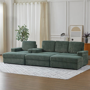 English Elm Corduroy minimalist coffee table conversion sofa set with cup grooves, recliner comfort and L-shaped layout for hosting Green W834S00549