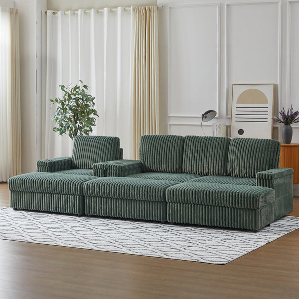 English Elm Corduroy minimalist coffee table conversion sofa set with cup grooves, recliner comfort and L-shaped layout for hosting Green W834S00549