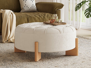 English Elm 32" Round Chenille Ottoman Tufted Footrest with Rubberwood Legs for Living Room Beige N723P405298A