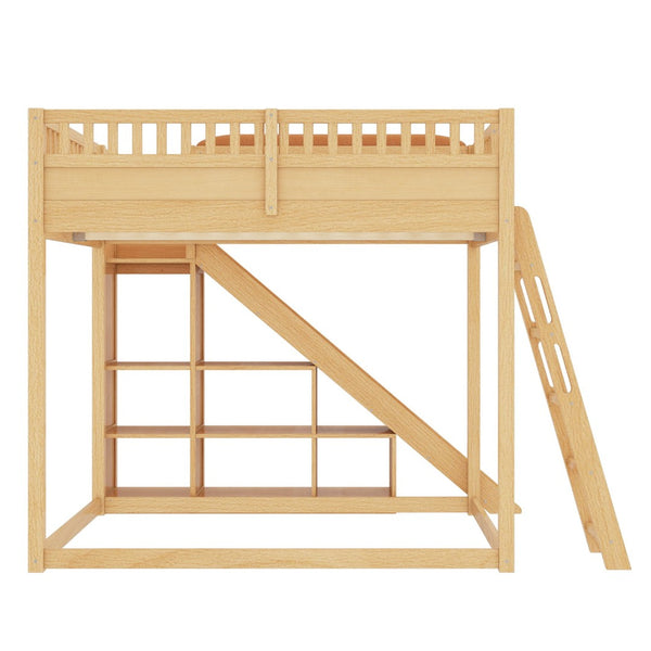 English Elm Full Size Kids Loft Bed Pine Frame Upholstered Headboard Built in Slide and Storage Shelves Natural W1580S00306
