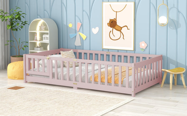 English Elm Twin Low Profile Rubberwood Floor Bed with Full Safety Fence for Toddler Rooms Pink W504P429281