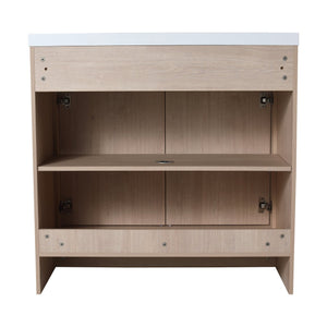 English Elm 36 Inch Freestanding Vanity with White Resin Sink, Soft-Close Doors, Adjustable Shelf, Water-Resistant Finish W999S00277