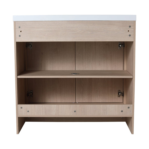 English Elm 36 Inch Freestanding Vanity with White Resin Sink, Soft-Close Doors, Adjustable Shelf, Water-Resistant Finish W999S00277