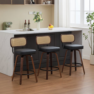 English Elm Set of 3 Rattan Counter Stools with Cane Back and Swivel, Upholstered PU Seat, Walnut Finish, Ergonomic Comfort Black W1143P300159