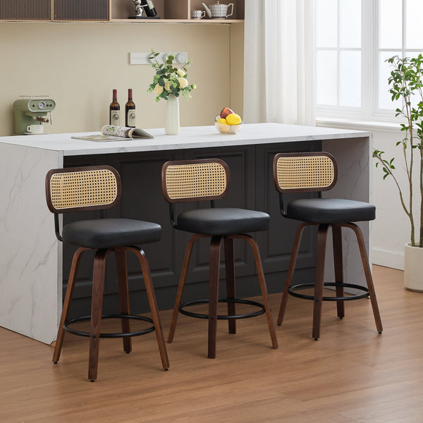 English Elm Set of 3 Rattan Counter Stools with Cane Back and Swivel, Upholstered PU Seat, Walnut Finish, Ergonomic Comfort Black W1143P300159