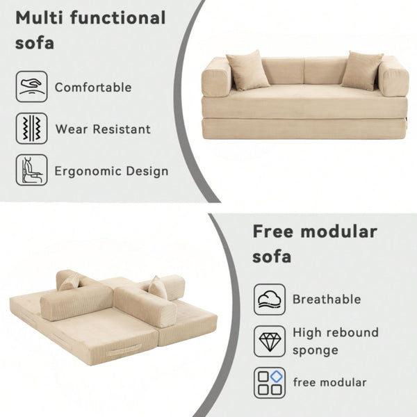 English Elm Full Foam Modular Sofa Bed Corduroy Upholstered Convertible Lounger for Studio Apartments Beige W3326P450777