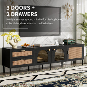 English Elm Rattan Black TV Stand with 3 Cabinets & 2 Rattan Drawers, LED Media Console, Cable Management, 80" N710P206015B