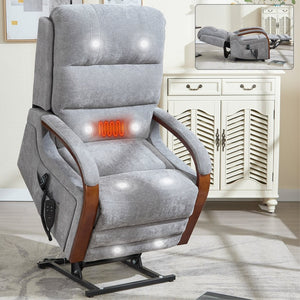 English Elm Power Lift Recliner Chair Chenille Upholstery Dual Motor Heat Massage Solid Wood Arms Gray W1803S00066
