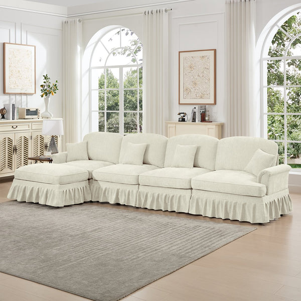 English Elm Classic Modular Sectional Couch With Removable Ruffled Skirt, Ottoman, Flared Arms & Chenille Comfort W3041S00239