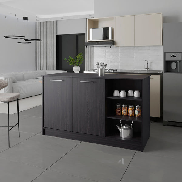 English Elm Kitchen Island Leoti Black Engineered Wood with European Ash Countertop, 2 Cabinets for Storage B092S00286