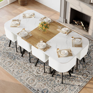 English Elm 9-piece Square Dining Set Faux Marble Wood Grain Table with 8 Pu Leather Chairs W3875S00147