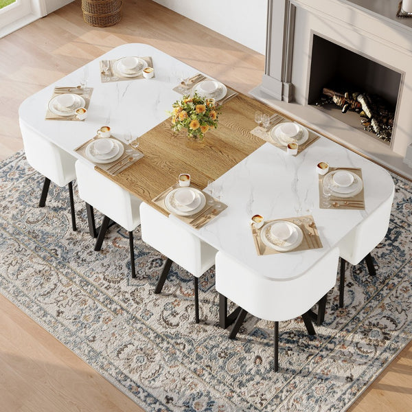 English Elm 9-piece Square Dining Set Faux Marble Wood Grain Table with 8 Pu Leather Chairs W3875S00147