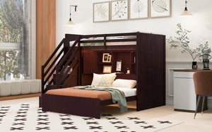 English Elm Twin Over Full Bunk Bed with Wardrobe Storage Stairs Shelves and Usb Charging Espresso LT000292AAP