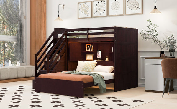 English Elm Twin Over Full Bunk Bed with Wardrobe Storage Stairs Shelves and Usb Charging Espresso LT000292AAP
