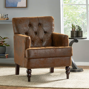 English Elm Brown Microfiber Club Chair with Tufted Back Nailhead Trim and Rubberwood Legs N758P438153B
