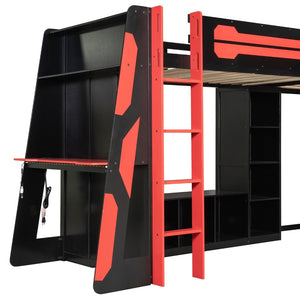 English Elm L-shaped Gaming Loft Bunk Bed Twin Wood Frame Rgb Lighting Usb Ports Storage Shelves Red LT000295AAR