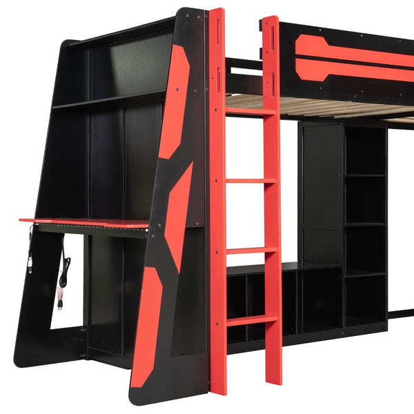 English Elm L-shaped Gaming Loft Bunk Bed Twin Wood Frame Rgb Lighting Usb Ports Storage Shelves Red LT000295AAR