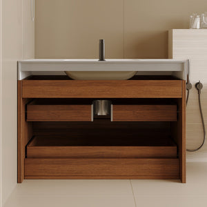 English Elm 29.9" Floating Bathroom Vanity Sintered Stone Top Soft Close Drawers Bronze Gold Hardware W3136S00041