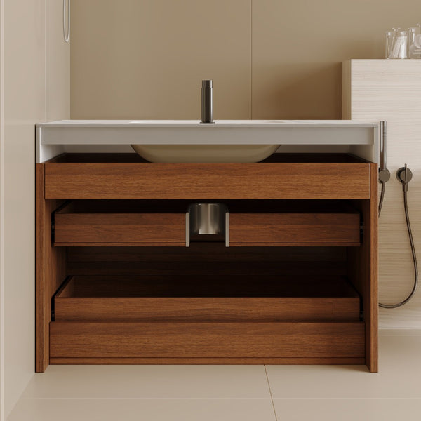 English Elm 29.9" Floating Bathroom Vanity Sintered Stone Top Soft Close Drawers Bronze Gold Hardware W3136S00041