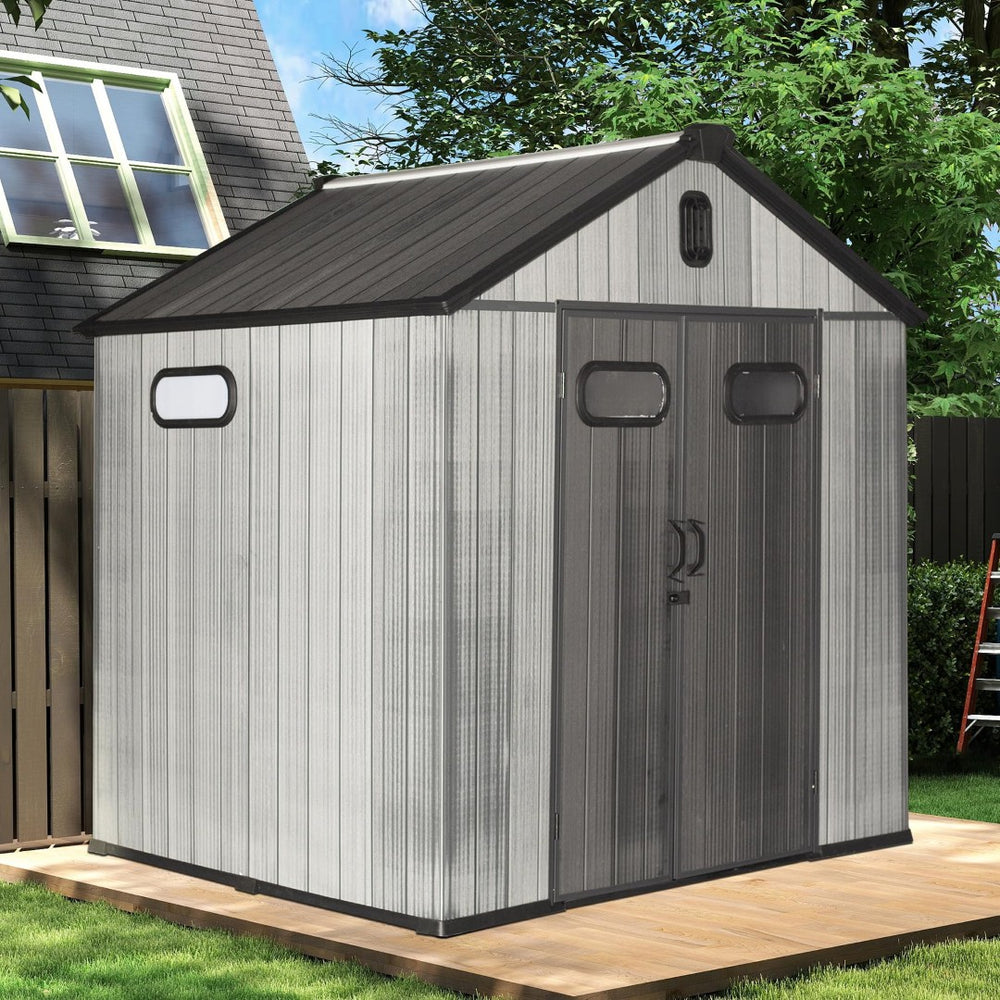 English Elm 8x8ft Resin Outdoor Storage Shed with Skylight Vents Lockable Door Weather Resistant W1859S00167