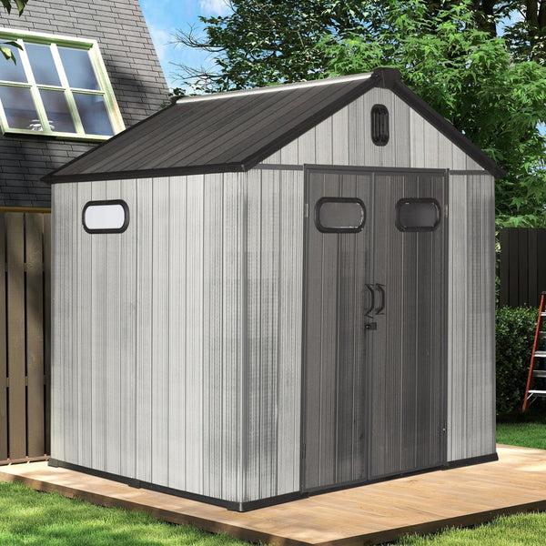 English Elm 8x8ft Resin Outdoor Storage Shed with Skylight Vents Lockable Door Weather Resistant W1859S00167