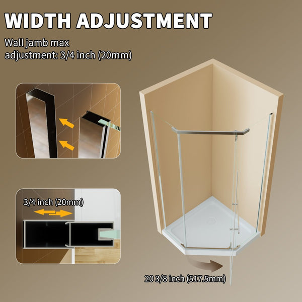 English Elm Corner Frameless Neo-angle Pivot Shower Enclosure with Tempered Glass and Sleek Hardware Chrome W637P348803