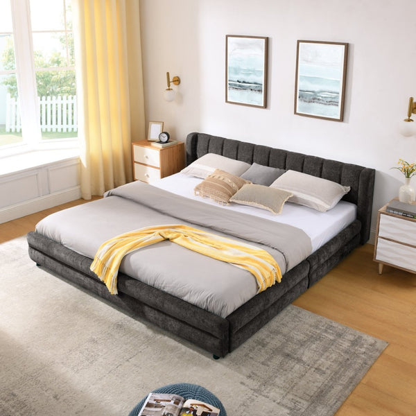 English Elm King Chenille Upholstered Platform Bed with Storage Drawers and Structured Headboard Dark Gray W487S00415