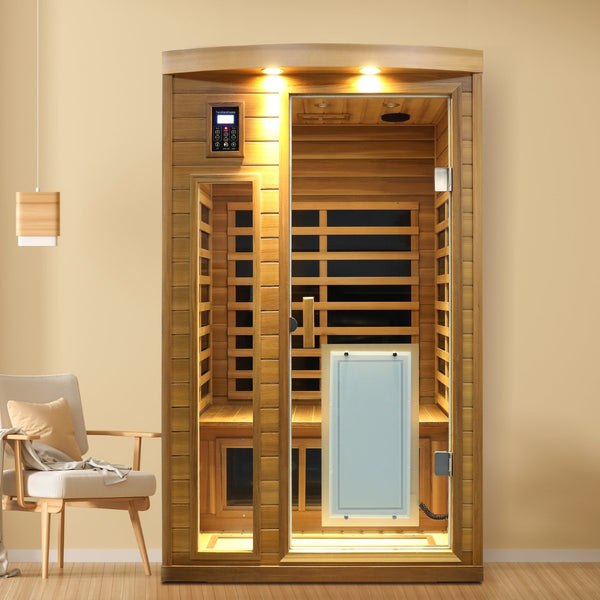 English Elm Low Emf Two Person Far Infrared Sauna with Cedar Wood Bluetooth Audio and Led Lighting W632S00024