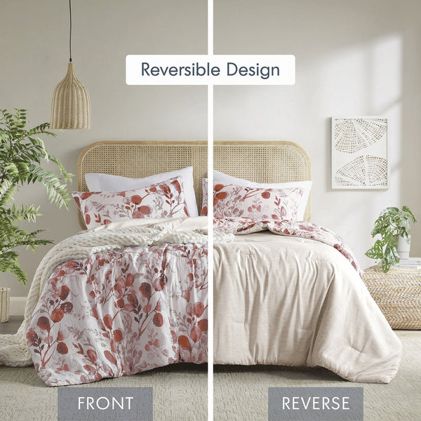 JLA Home Regency Heights - Reversible Seersucker Comforter Set with Botanical Print and Stripes, Lightweight Oeko‑Tex Microfiber 90 L x 90 W x 1.5H RH10-0023