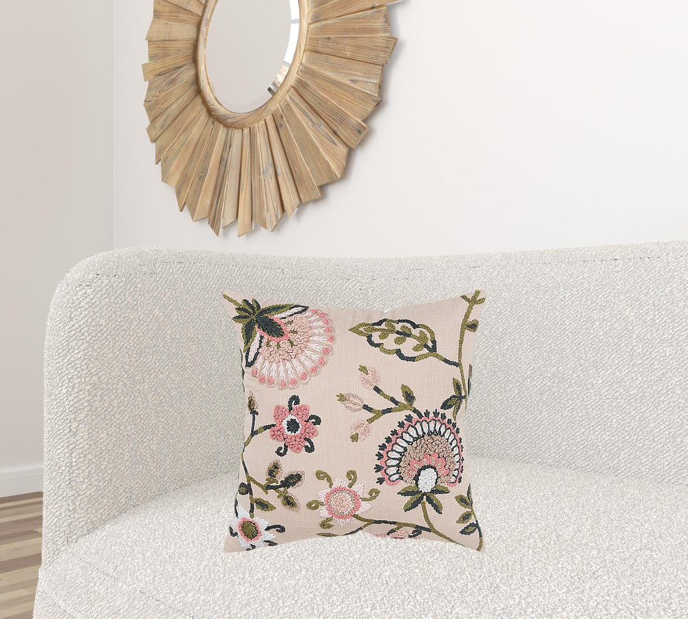 Homeroots Blush Botanical Pattern Embroidered Throw Pillow Blush  403367
