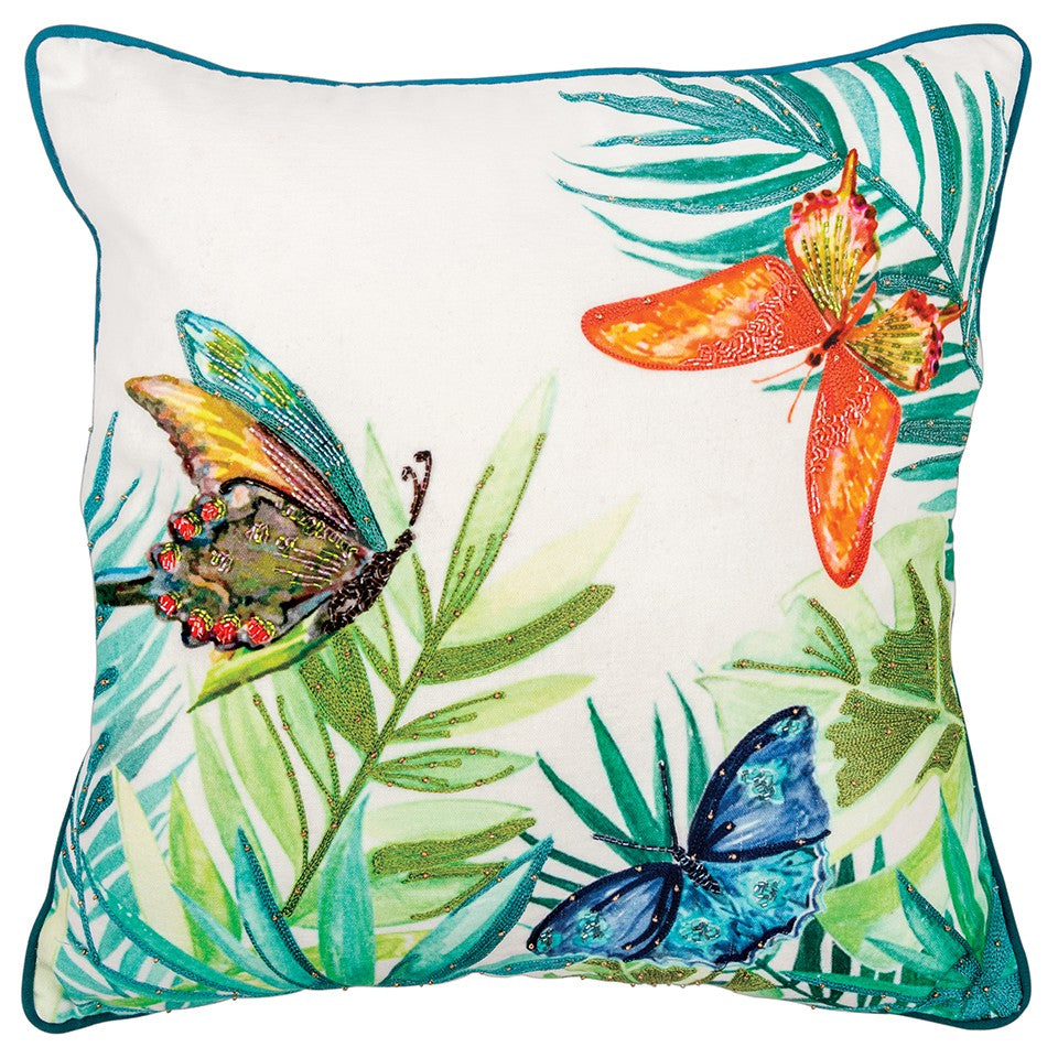 Homeroots White Green Butterfly Bliss Decorative Throw Pillow   403374