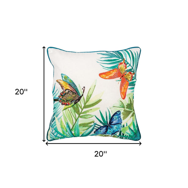 Homeroots White Green Butterfly Bliss Decorative Throw Pillow   403374