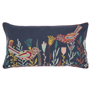 Homeroots Blue Botanical And Bird Embroidered Lumbar Pillow   403473