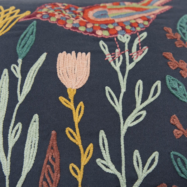 Homeroots Blue Botanical And Bird Embroidered Lumbar Pillow   403473