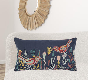 Homeroots Blue Botanical And Bird Embroidered Lumbar Pillow   403473