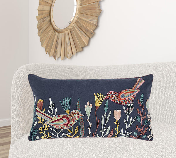 Homeroots Blue Botanical And Bird Embroidered Lumbar Pillow   403473