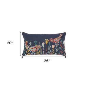 Homeroots Blue Botanical And Bird Embroidered Lumbar Pillow   403473