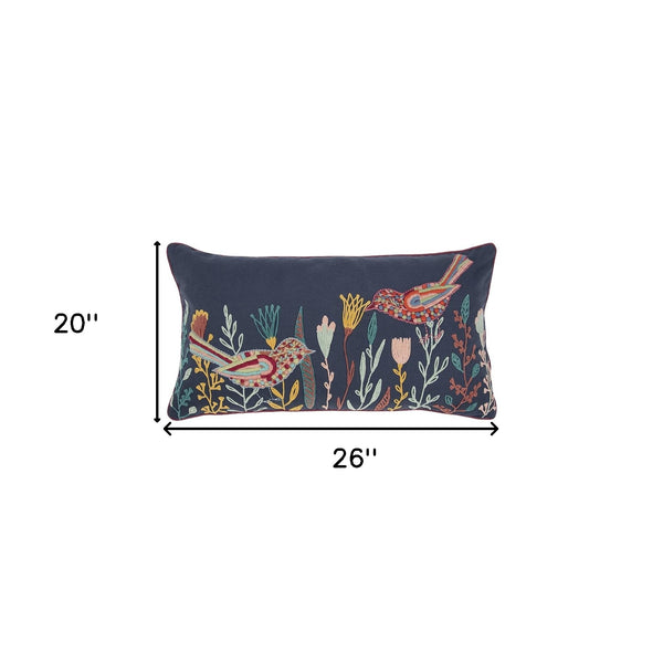 Homeroots Blue Botanical And Bird Embroidered Lumbar Pillow   403473