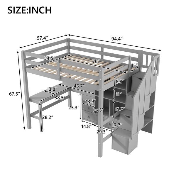 English Elm Full Full Size Loft Bed with L-Shaped Desk, Drawers, Cabinet and Staircase Storage for Space-Saving Rooms Gray GX000469AAE