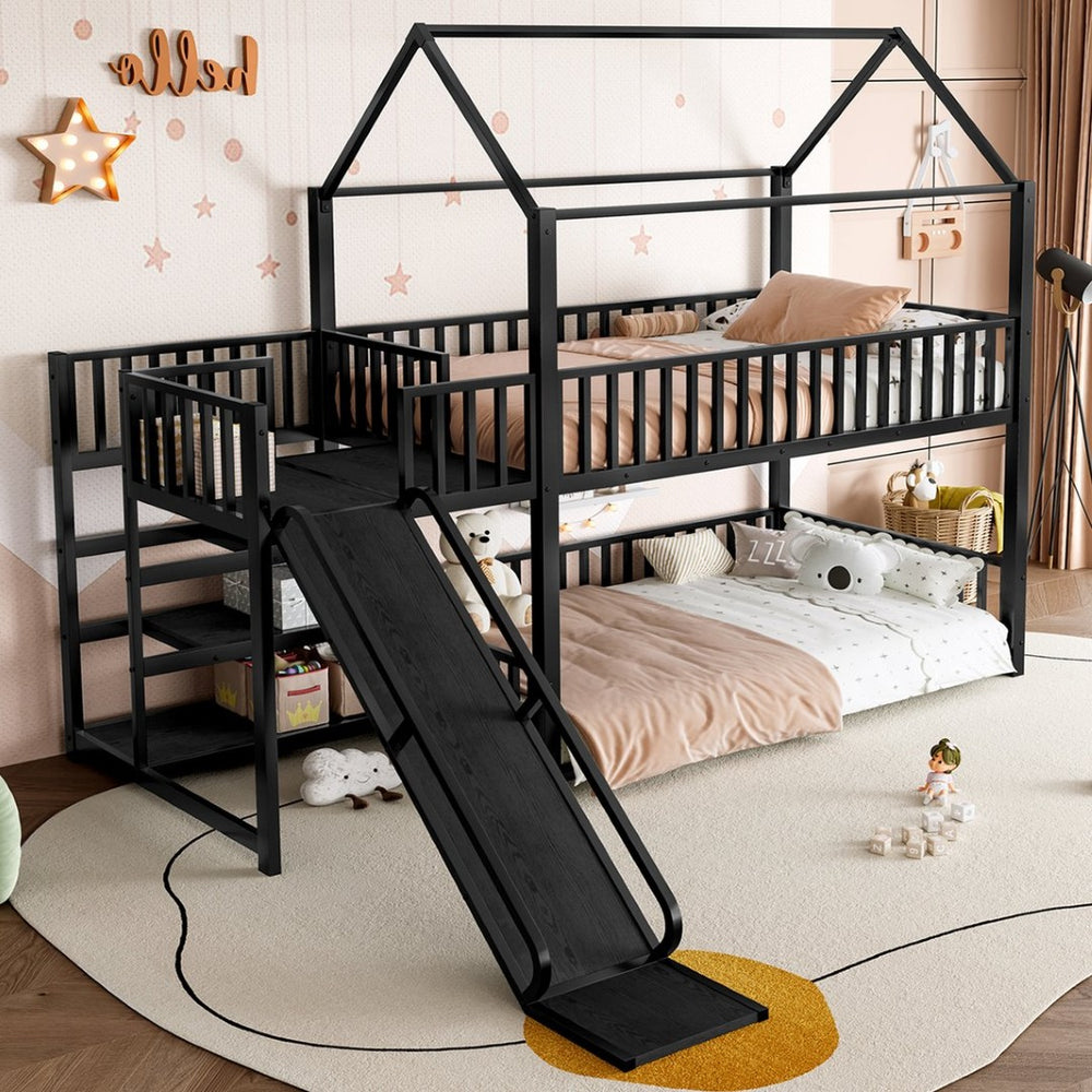 English Elm Full Metal House Bunk Bed with Slide Storage Stairs and Safety Rails for Kids W1580S00344